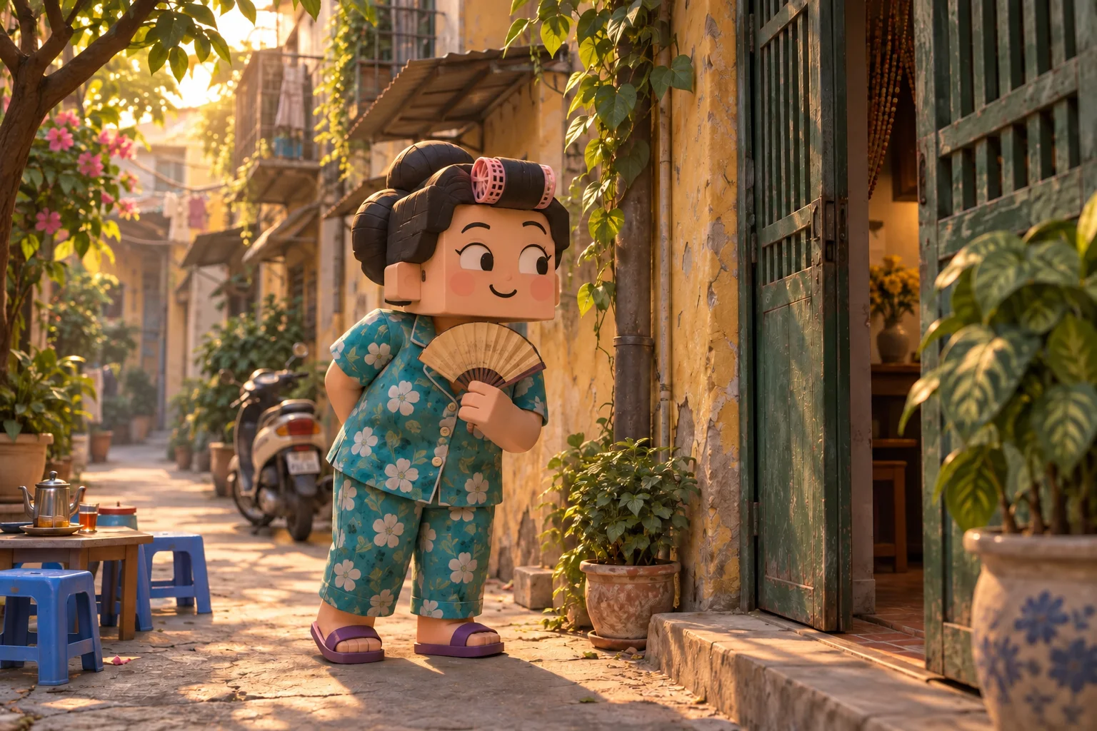 Concept art of a curious neighbor exploring a sunlit residential lane.